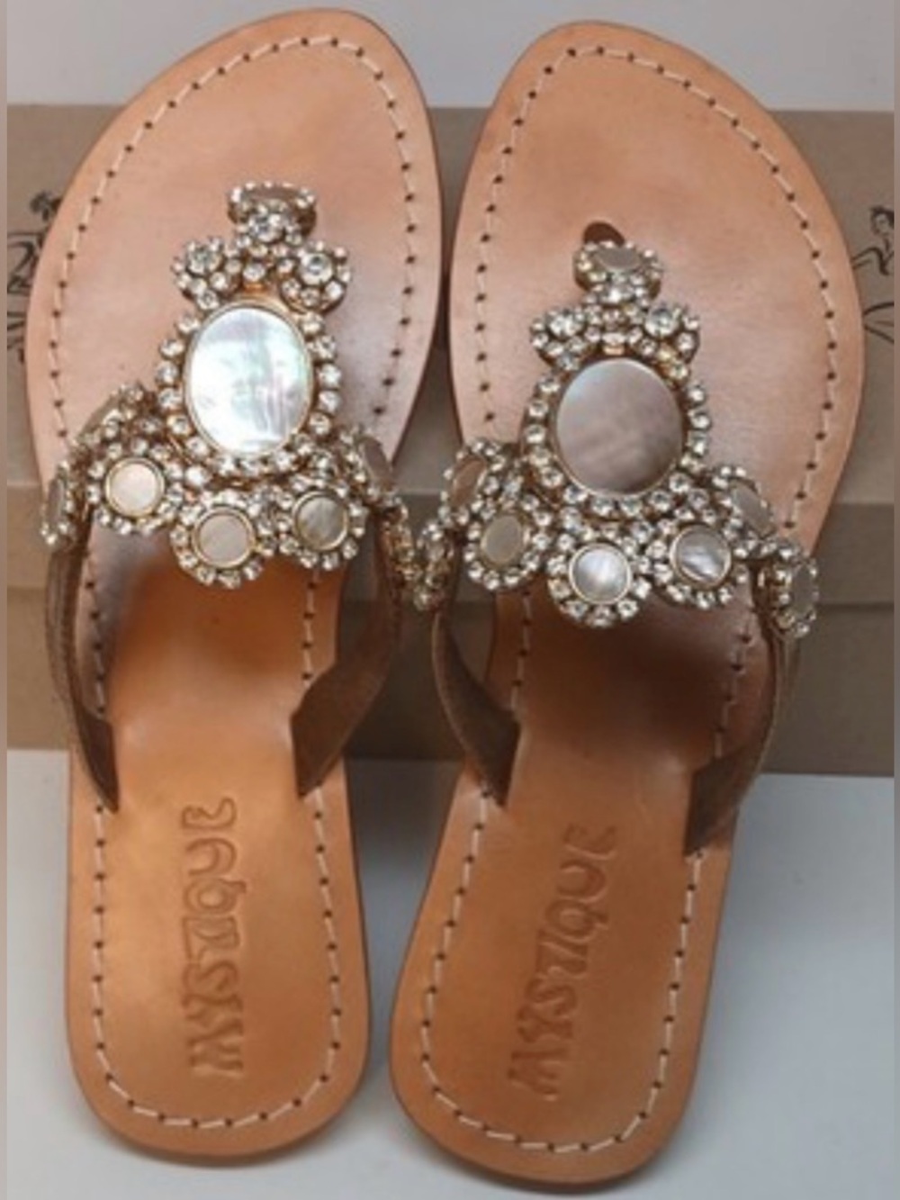 Mystique Boutique Tan Leather Jeweled Thong Sandals size 8